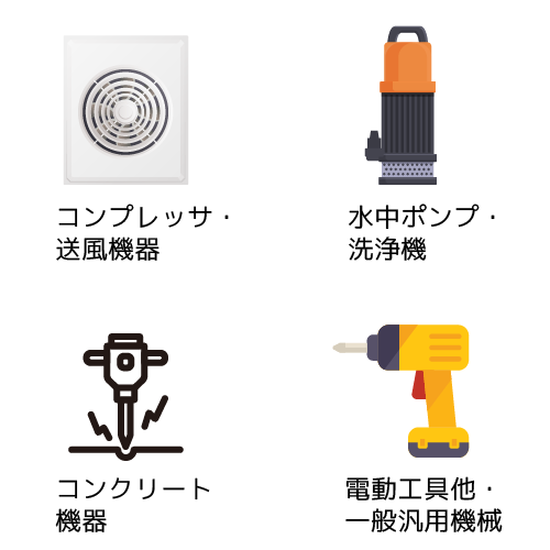 コンプレッサ・送風機器、水中ポンプ・洗浄機、コンクリート機器、電動工具他・一般汎用機器