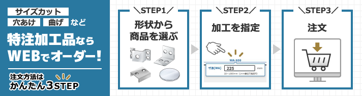 サイズカット／穴あけ／曲げなど特注加工品ならWEBでオーダー！注文方法はかんたん3STEP　1.形状から商品を選ぶ　2.加工を指定　3.注文